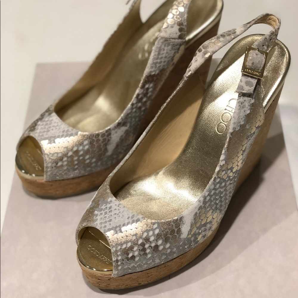 JIMMY CHOO SNAKE-SKIN PRINT SLINGBACK WEDGES
